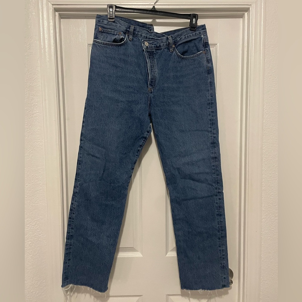 AGOLDE Crisscross High Waist Raw Hem Straight Leg Organic Cotton Jeans - Picture 4 of 5
